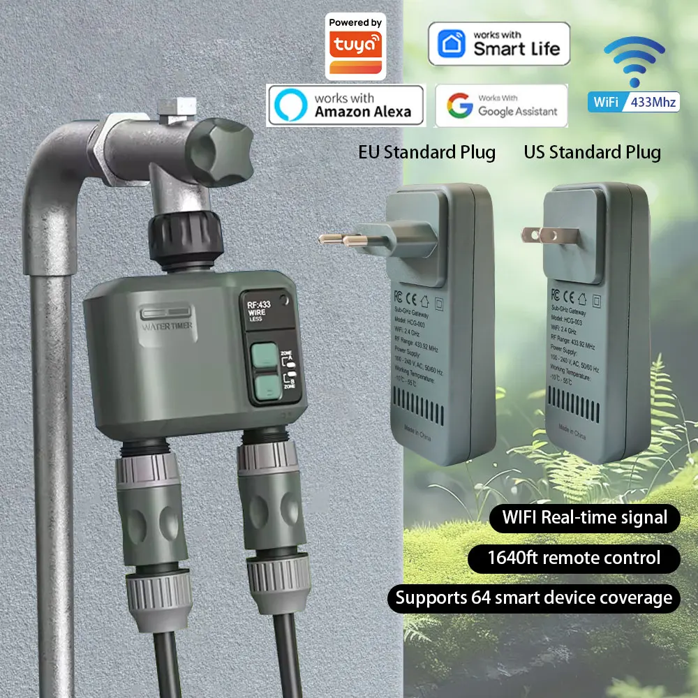 בקר השקיה חכם לגינה עם WiFi ו-2 יציאות - עובד עם אפליקציית Tuya